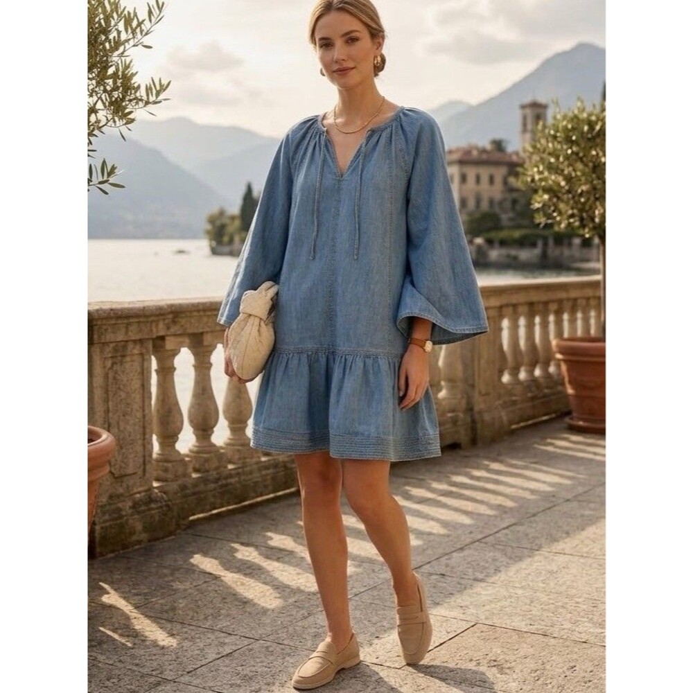 LOFT Women L Denim Chambray Tie Neck Wide Sleeve Tiered Drop Waist Dress Cotton